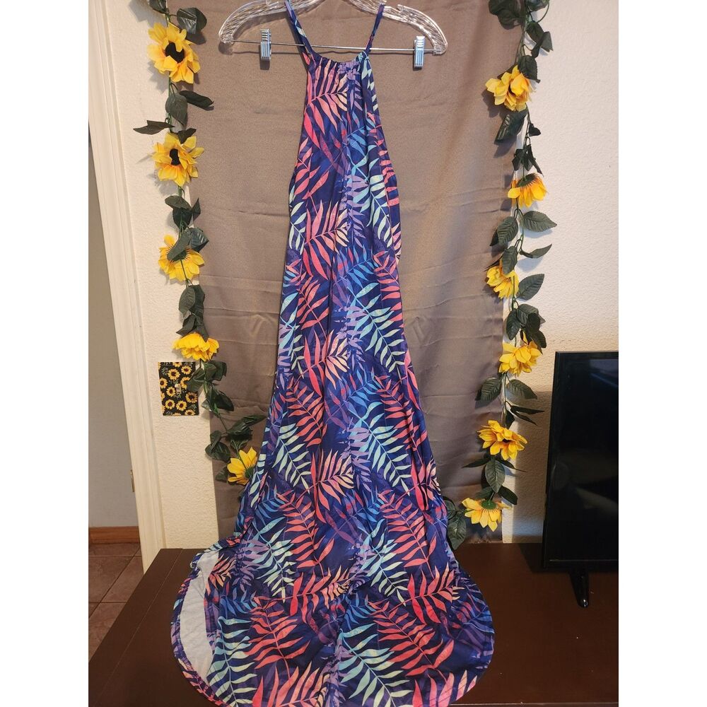 For G and PL Tropical Leaf Halter Maxi Dress Women's Size XL Blue Pink Slit Long